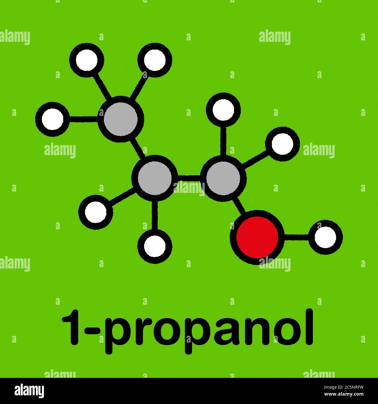 Propanol (n-propanol) solvent molecule. Stylized skeletal formula (chemical structure): Atoms are shown as color-coded circles: hydrogen (white), carbon (grey), oxygen (red). Stock Photo