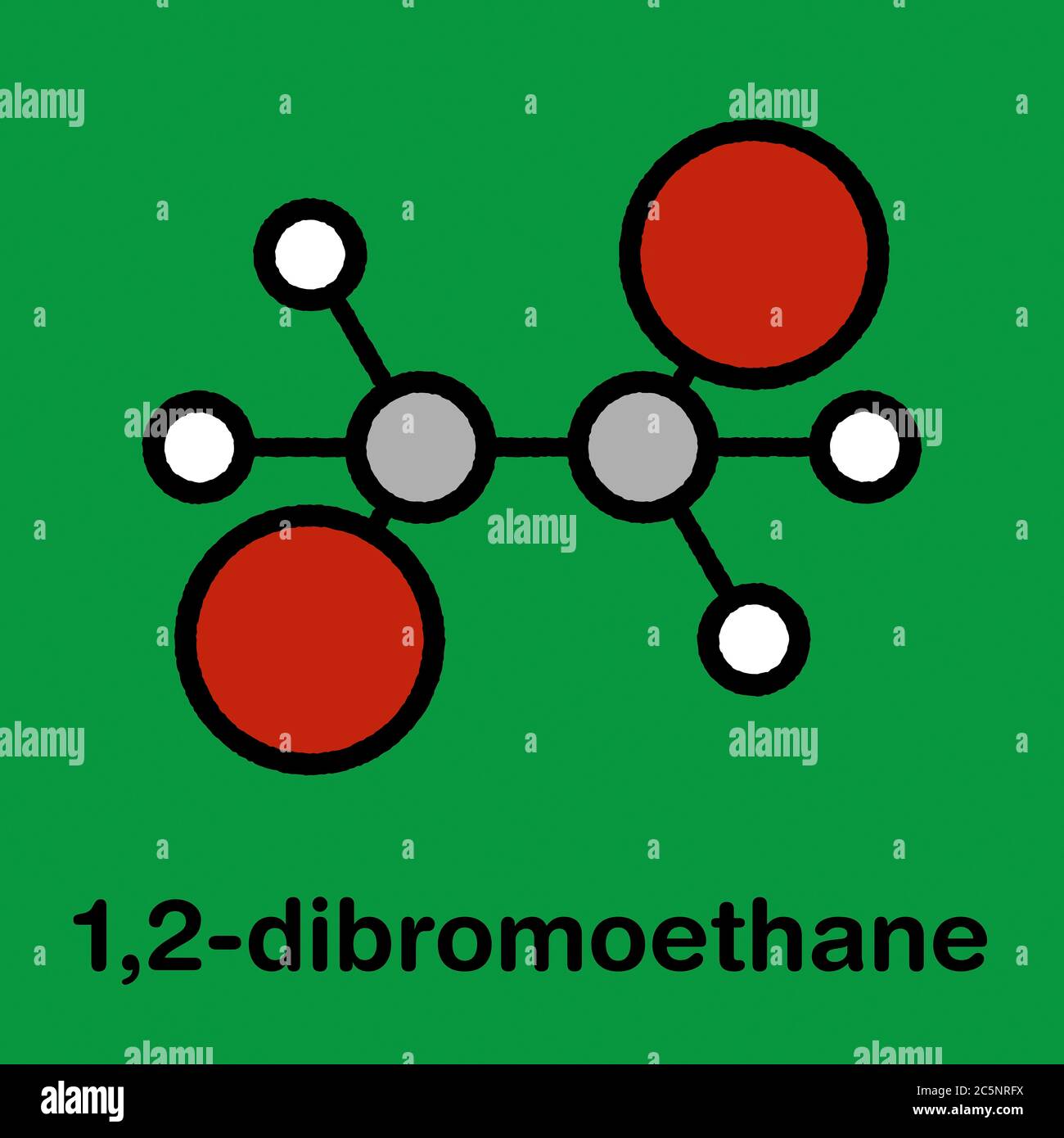Ethylene dibromide (EDB, 1,2-dibromoethane) fumigant molecule. Stylized skeletal formula (chemical structure): Atoms are shown as color-coded circles: hydrogen (white), carbon (grey), bromine (brown). Stock Photo