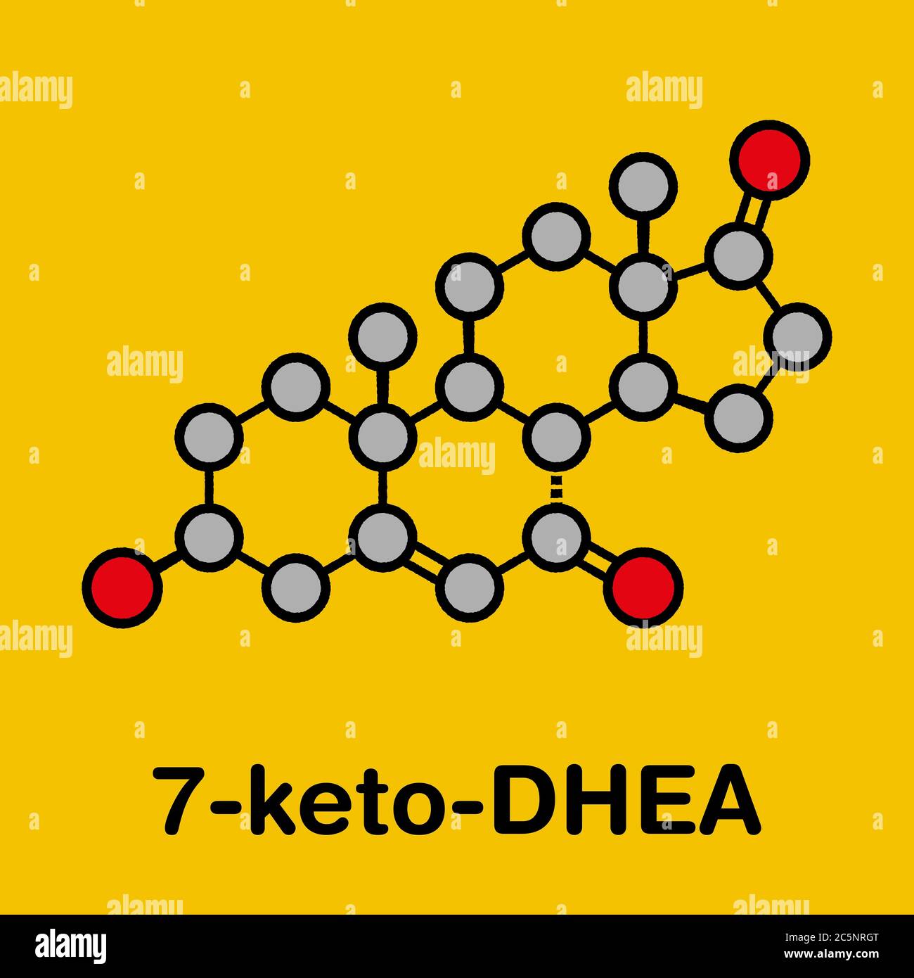 7-Ketodehydroepiandrosterone or 7-keto-DHEA molecule. Stylized skeletal formula (chemical structure): Atoms are shown as color-coded circles: hydrogen (hidden), carbon (grey), oxygen (red). Stock Photo