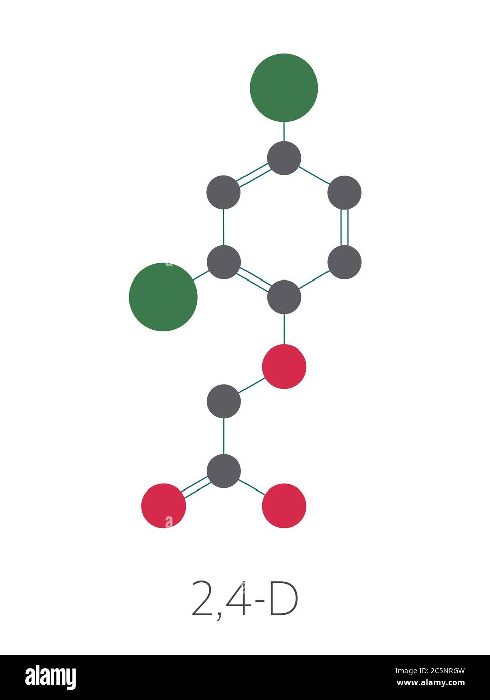 2,4-D (2,4-dichlorophenoxyacetic acid) Agent Orange ingredient. Synthetic auxin plant hormone, used as pesticide and herbicide and ingredient of Agent Orange. Stylized skeletal formula (chemical structure): Atoms are shown as color-coded circles: hydrogen (hidden), carbon (grey), oxygen (red), chlorine (green). Stock Photo