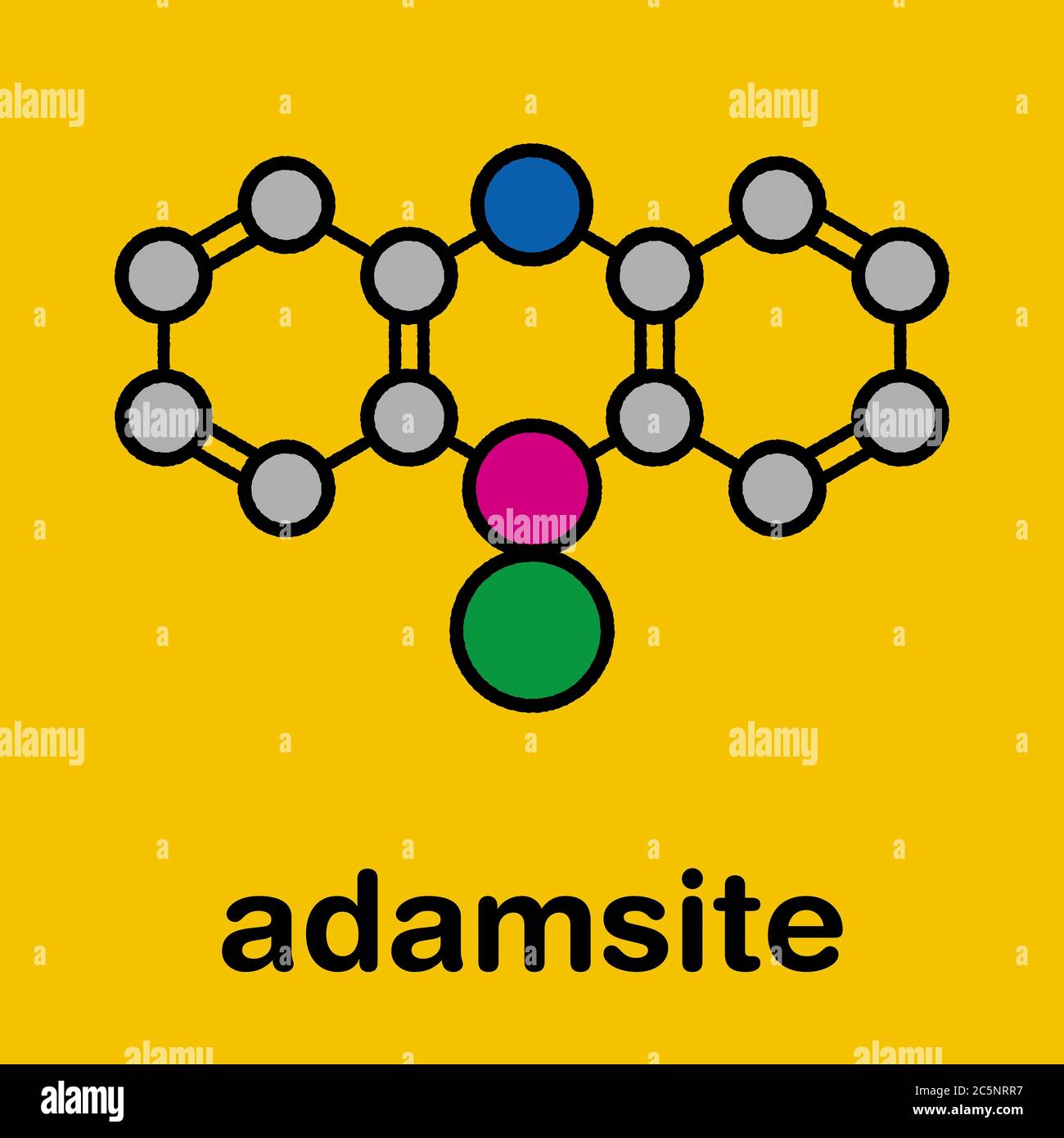 Adamsite or DM riot control agent. Stylized skeletal formula (chemical structure): Atoms are shown as color-coded circles: hydrogen (hidden), carbon (grey), nitrogen (blue), chlorine (green), arsenic (magenta). Stock Photo