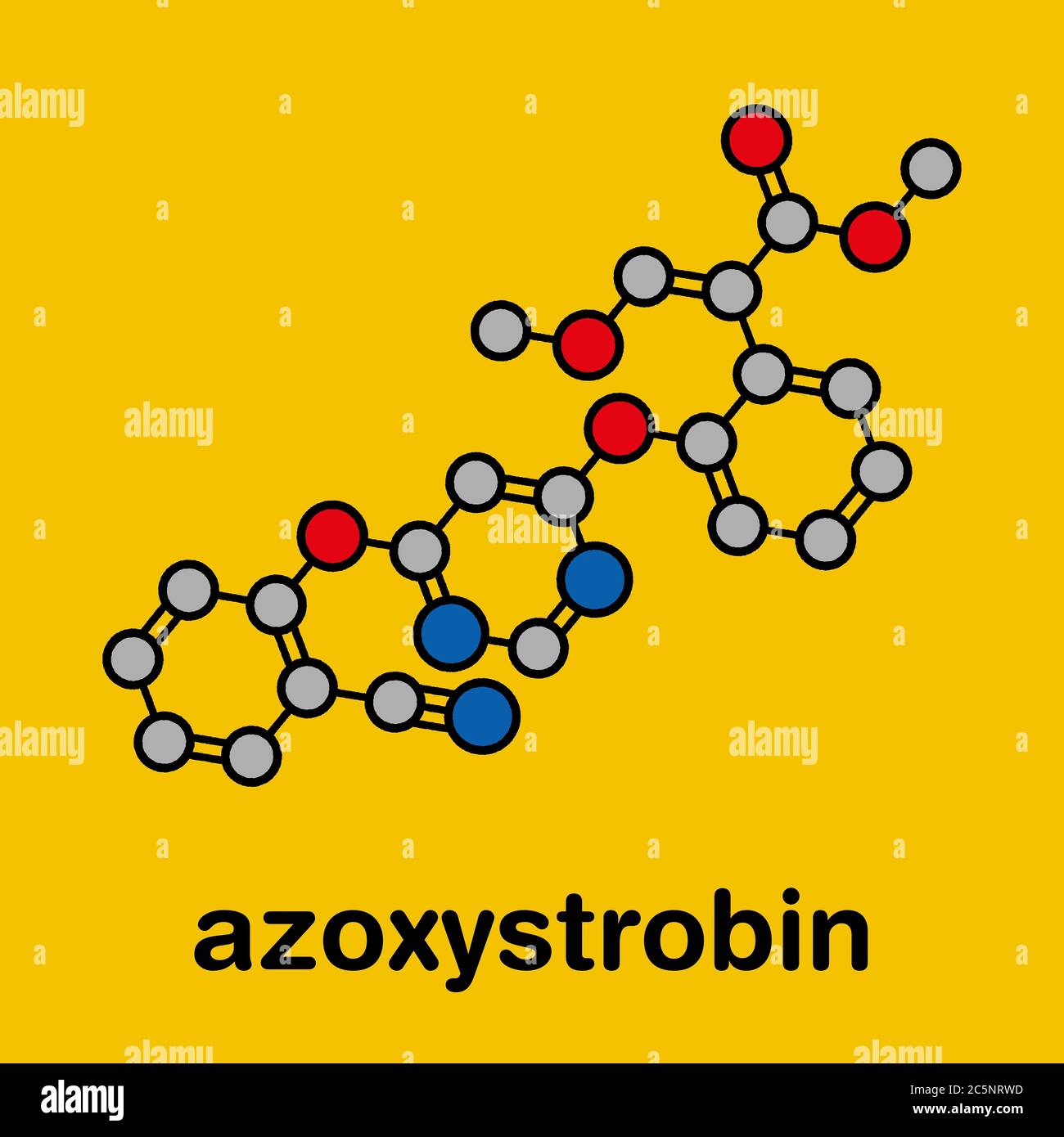 Azoxystrobin fungicide molecule. Stylized skeletal formula (chemical structure): Atoms are shown as color-coded circles: hydrogen (hidden), carbon (grey), nitrogen (blue), oxygen (red). Stock Photo