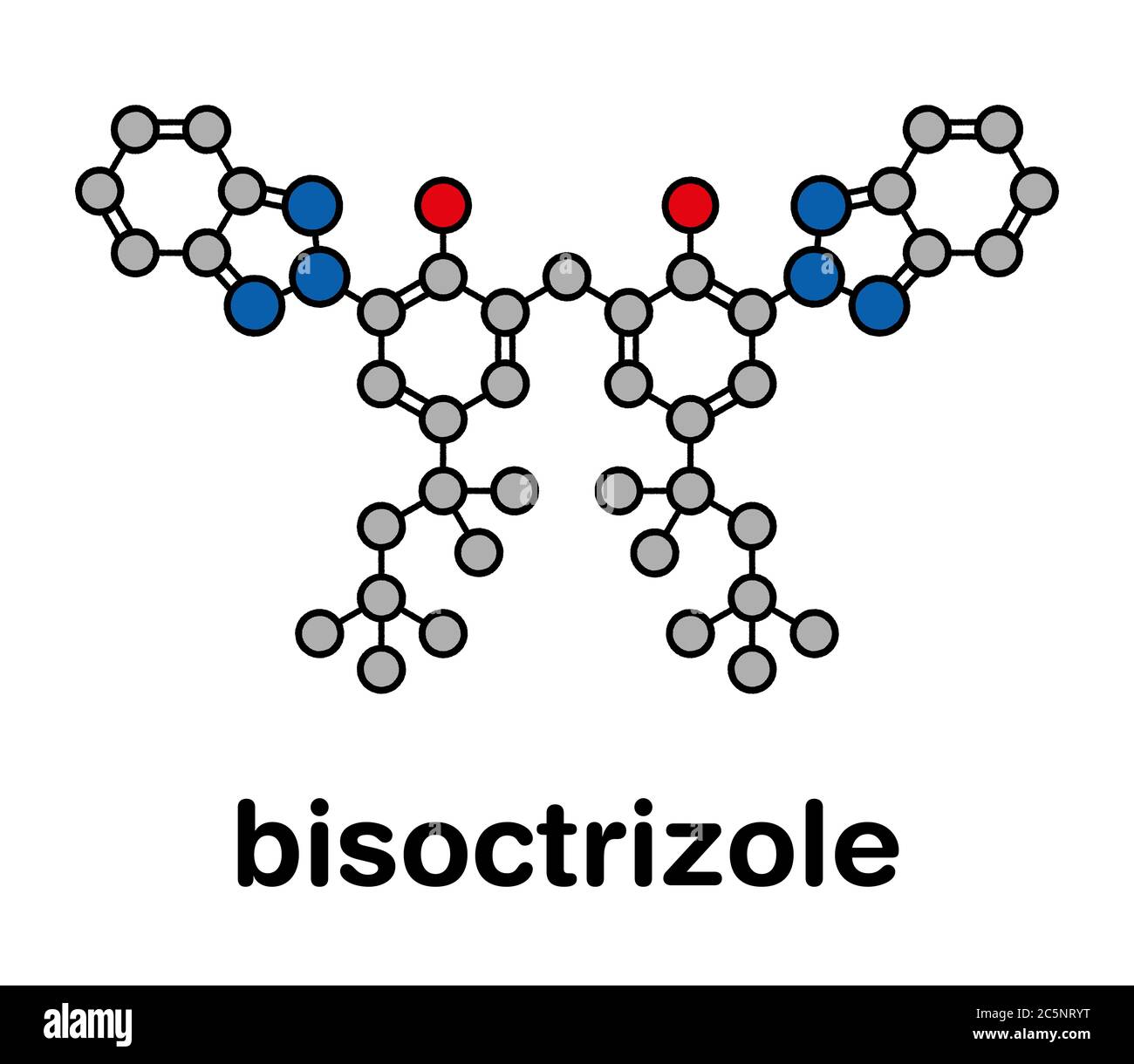 Bisoctrizole sunscreen molecule. Stylized skeletal formula (chemical structure): Atoms are shown as color-coded circles: hydrogen (hidden), carbon (grey), oxygen (red), nitrogen (blue). Stock Photo
