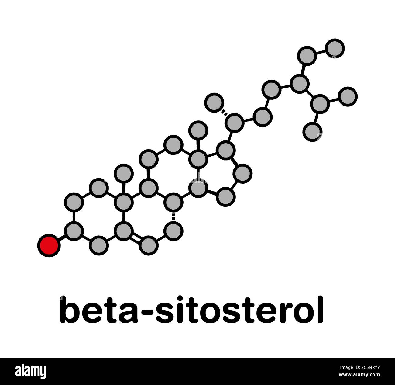 Beta-sitosterol phytosterol molecule. Investigated in treatment of benign prostate hyperplasia (BPH) and high cholesterol levels. Stylized skeletal formula (chemical structure): Atoms are shown as color-coded circles: hydrogen (hidden), carbon (grey), oxygen (red). Stock Photo