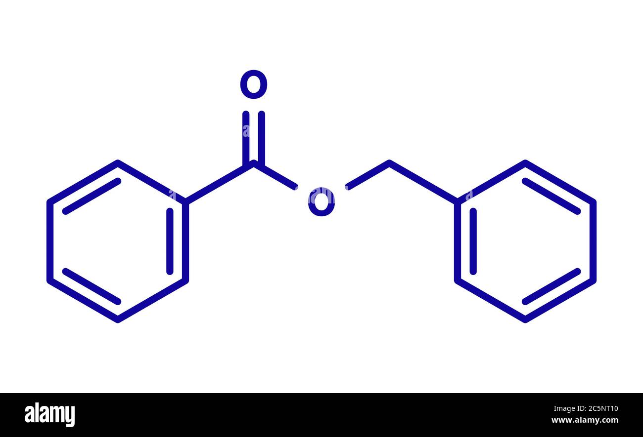 Benzyl benzoate drug molecule. Used as acaricide, scabicide, etc. Skeletal formula. Stock Photo