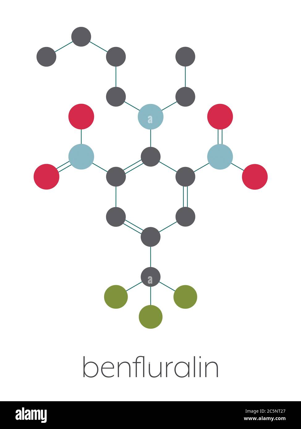 Benfluralin herbicide molecule. Stylized skeletal formula (chemical structure): Atoms are shown as color-coded circles: hydrogen (hidden), carbon (grey), oxygen (red), nitrogen (blue), fluorine (cyan). Stock Photo