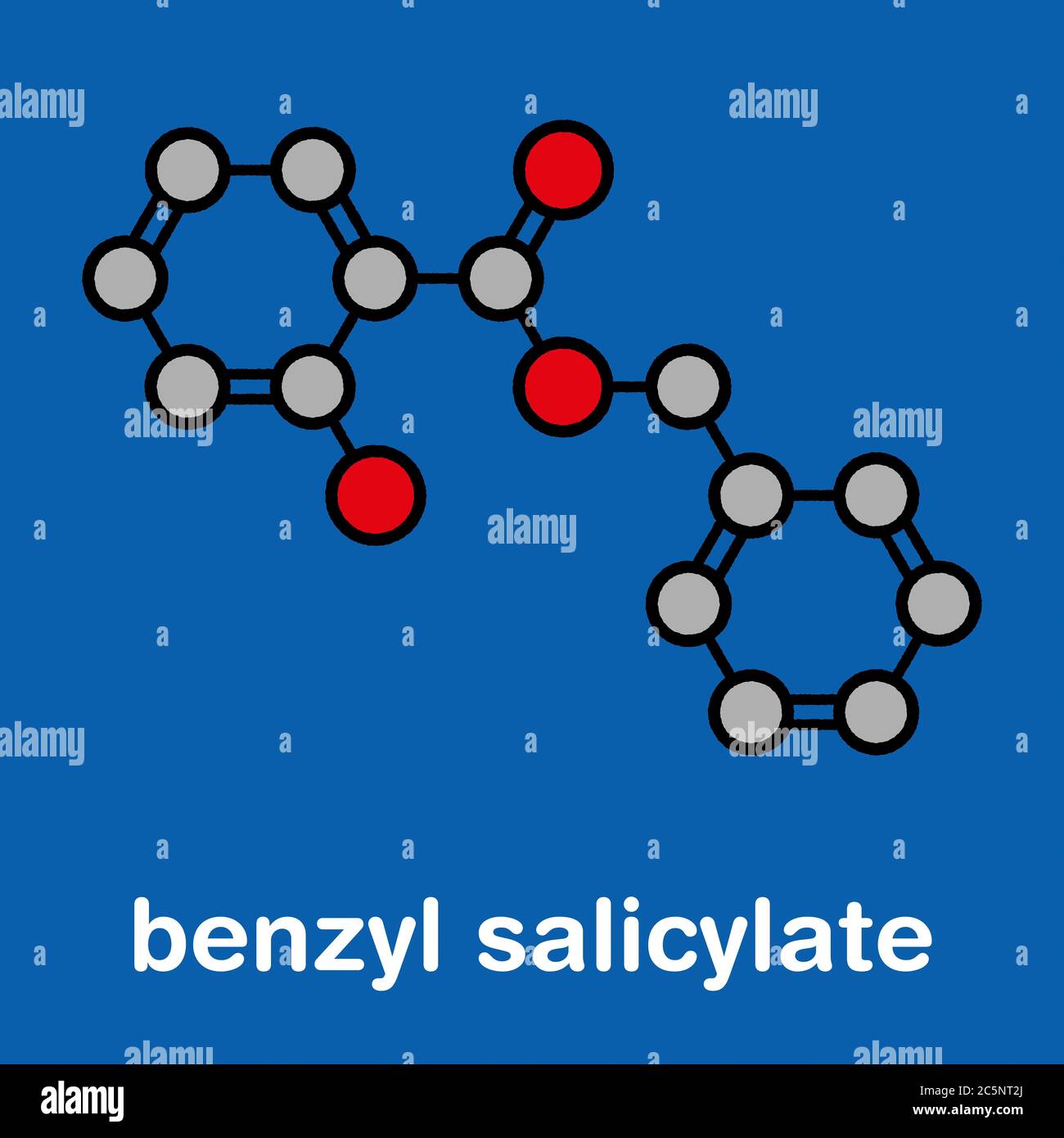 Benzyl salicylate (benzyl 4-hydroxybenzoate) molecule. Used in cosmetics and perfumes. Stylized skeletal formula (chemical structure): Atoms are shown as color-coded circles: hydrogen (hidden), carbon (grey), oxygen (red). Stock Photo