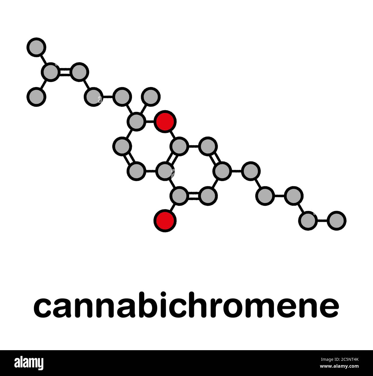 Cannabichromene or CBC cannabinoid molecule. Stylized skeletal formula (chemical structure): Atoms are shown as color-coded circles: hydrogen (hidden), carbon (grey), oxygen (red). Stock Photo