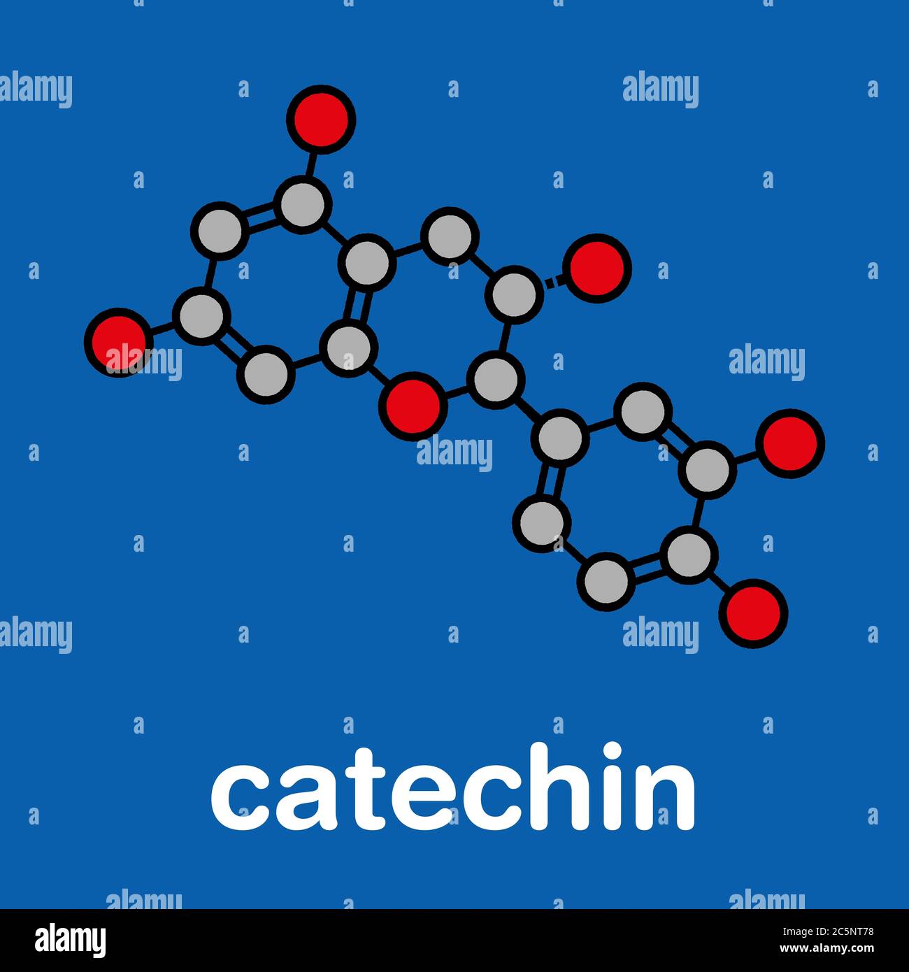 Catechin herbal antioxidant molecule. Stylized skeletal formula (chemical structure): Atoms are shown as color-coded circles: hydrogen (hidden), carbon (grey), oxygen (red). Stock Photo
