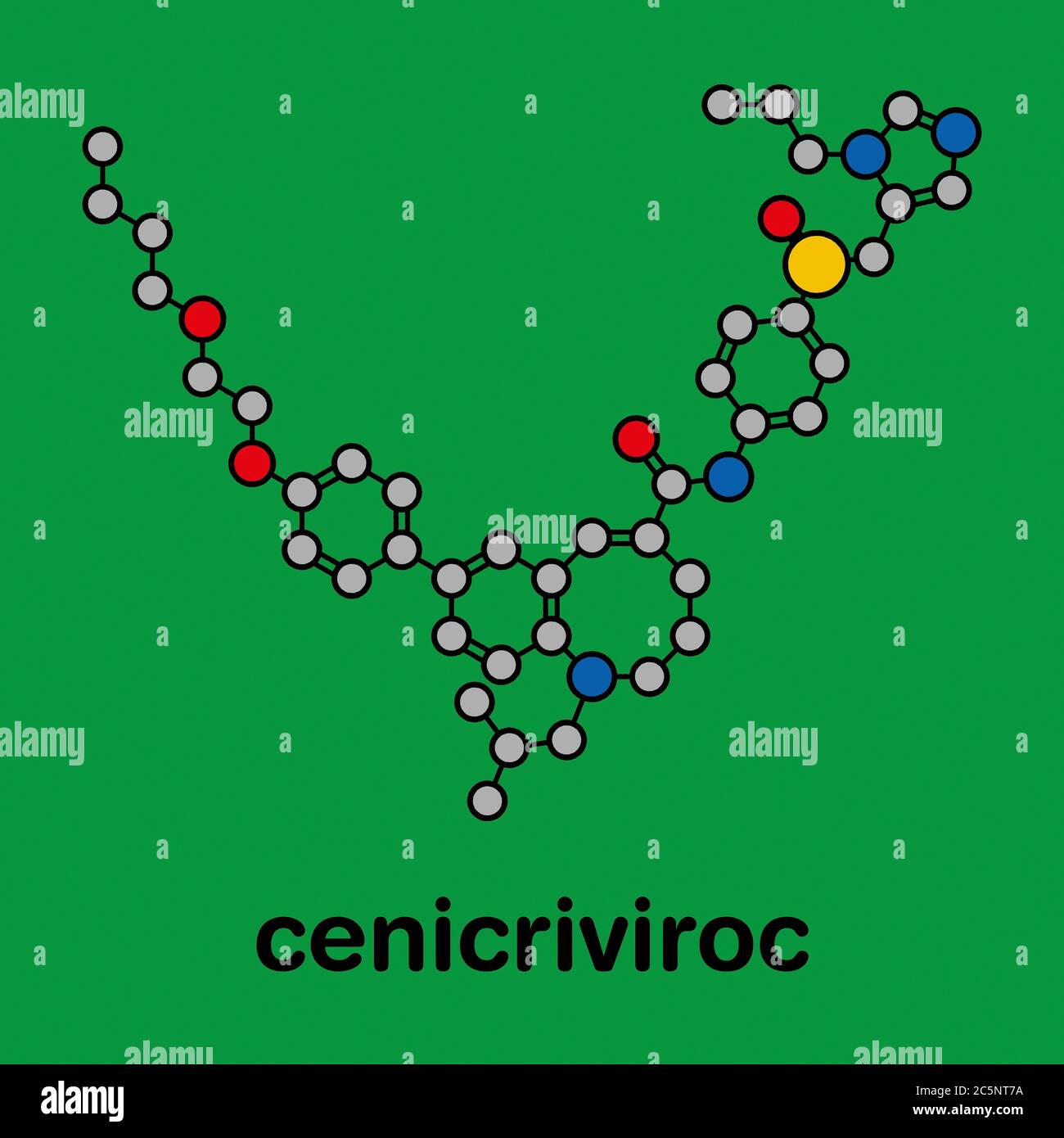 Cenicriviroc HIV drug molecule. Stylized skeletal formula (chemical structure): Atoms are shown as color-coded circles: hydrogen (hidden), carbon (grey), nitrogen (blue), oxygen (red), sulfur (yellow). Stock Photo