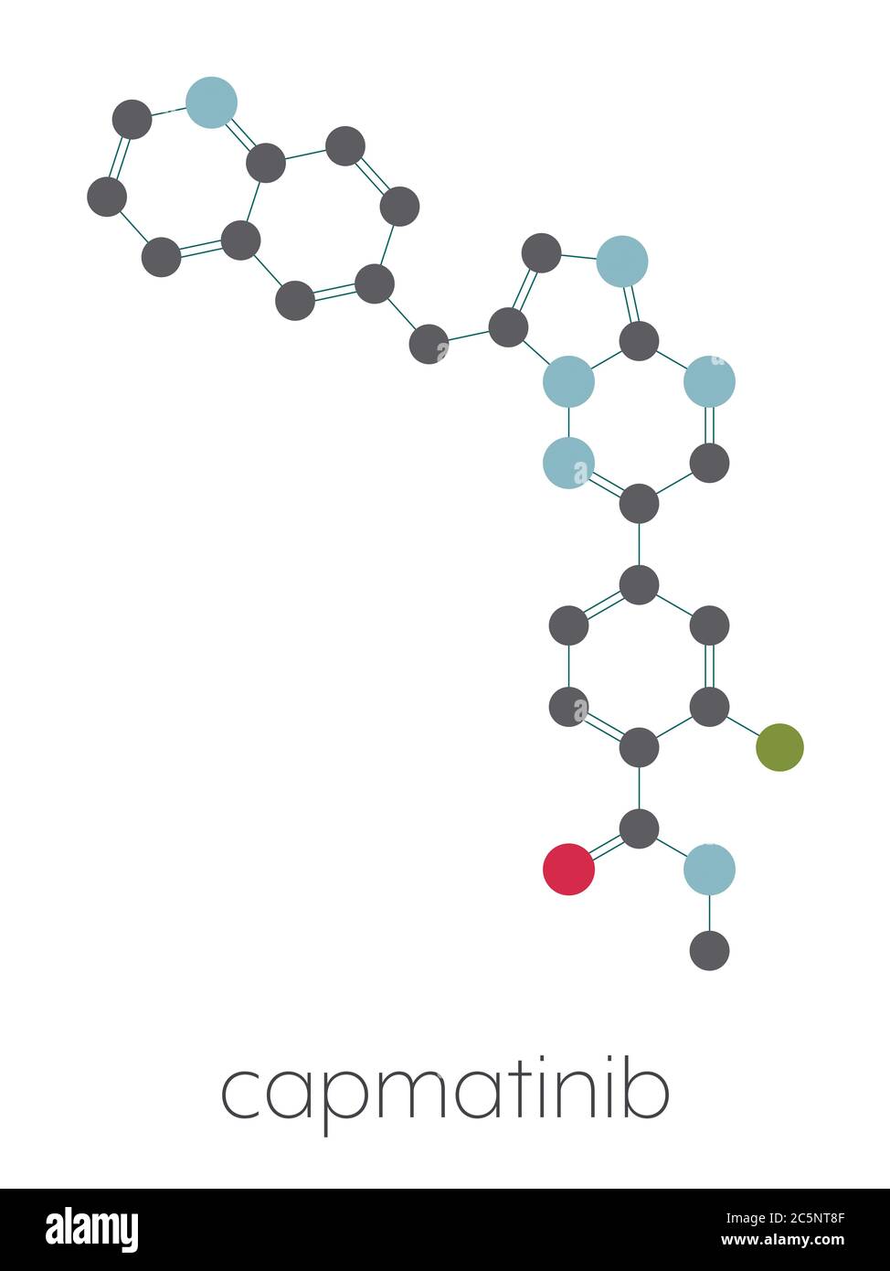Capmatinib cancer drug molecule (c-met inhibitor). Stylized skeletal formula (chemical structure): Atoms are shown as color-coded circles: hydrogen (hidden), carbon (grey), nitrogen (blue), oxygen (red), fluorine (cyan). Stock Photo