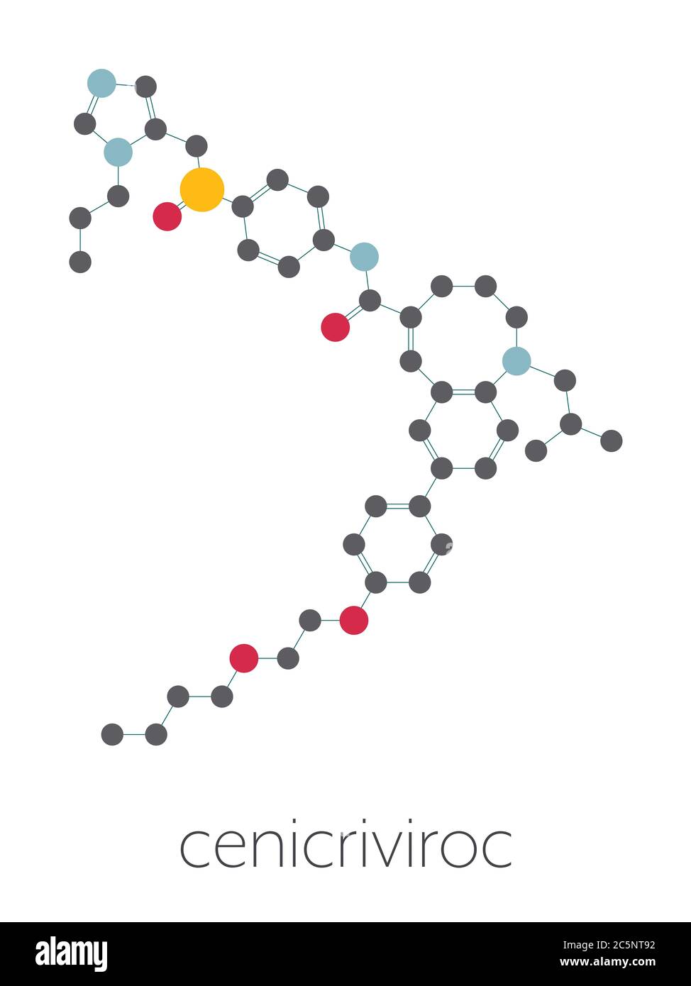 Cenicriviroc HIV drug molecule. Stylized skeletal formula (chemical structure): Atoms are shown as color-coded circles: hydrogen (hidden), carbon (grey), nitrogen (blue), oxygen (red), sulfur (yellow). Stock Photo