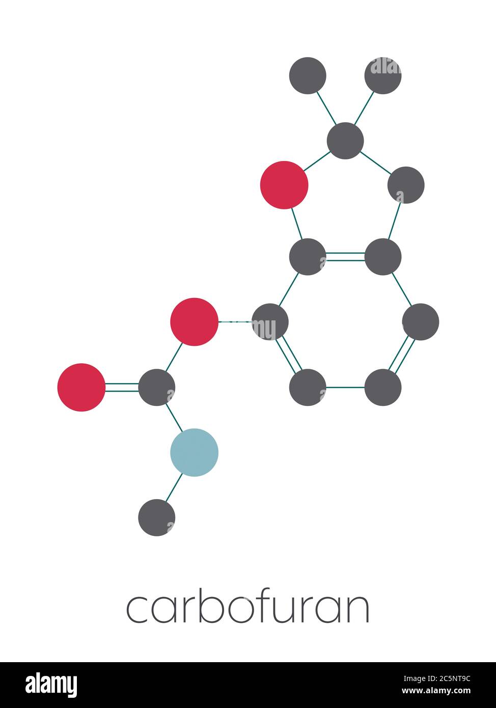 Carbofuran carbamate pesticide molecule. Insecticide that is also highly  toxic to humans and wildlife. Stylized skeletal formula (chemical  structure): Atoms are shown as color-coded circles: hydrogen (hidden),  carbon (grey), nitrogen (blue), oxygen (