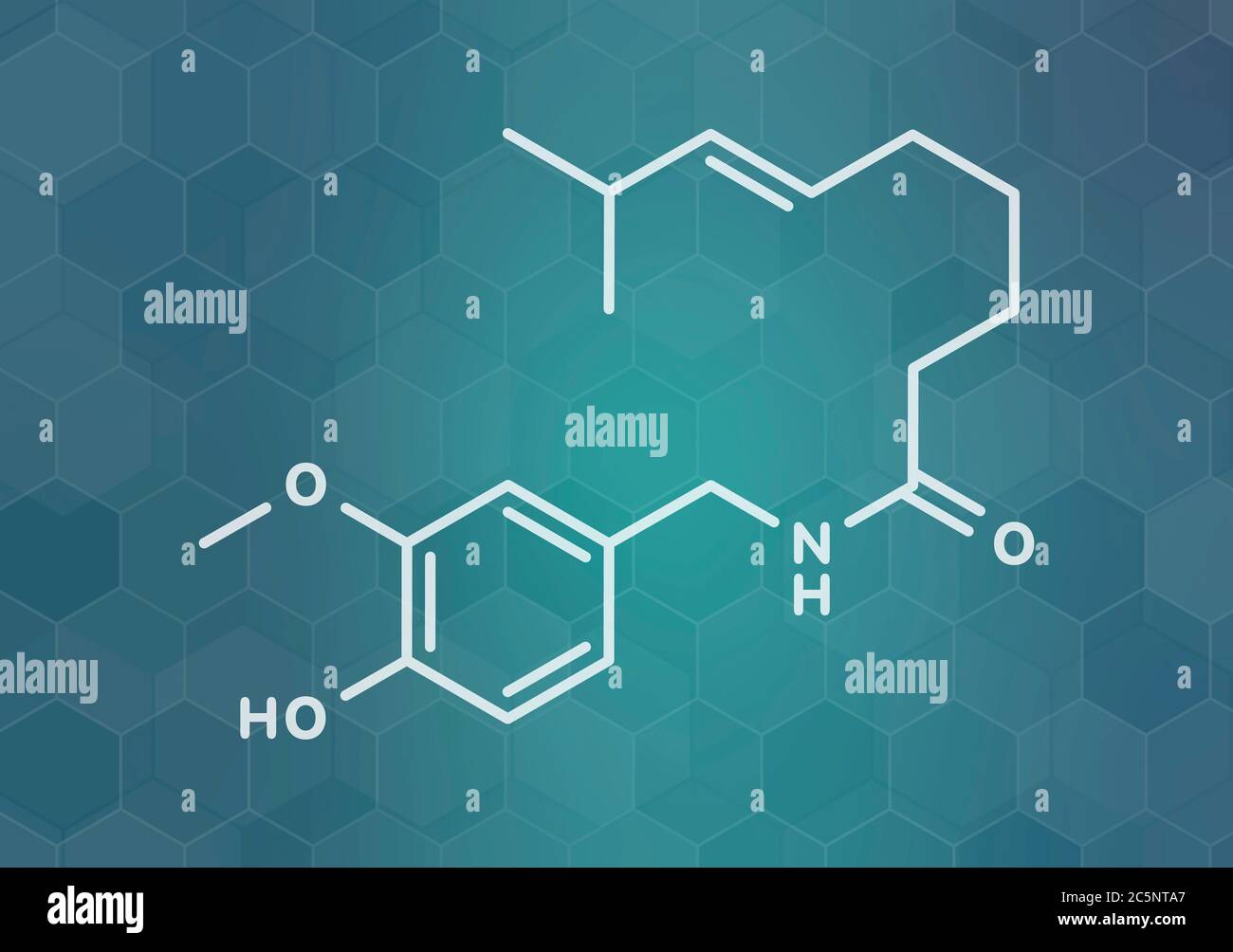 Capsaicin chili pepper molecule. Used in food, drugs, pepper spray, etc