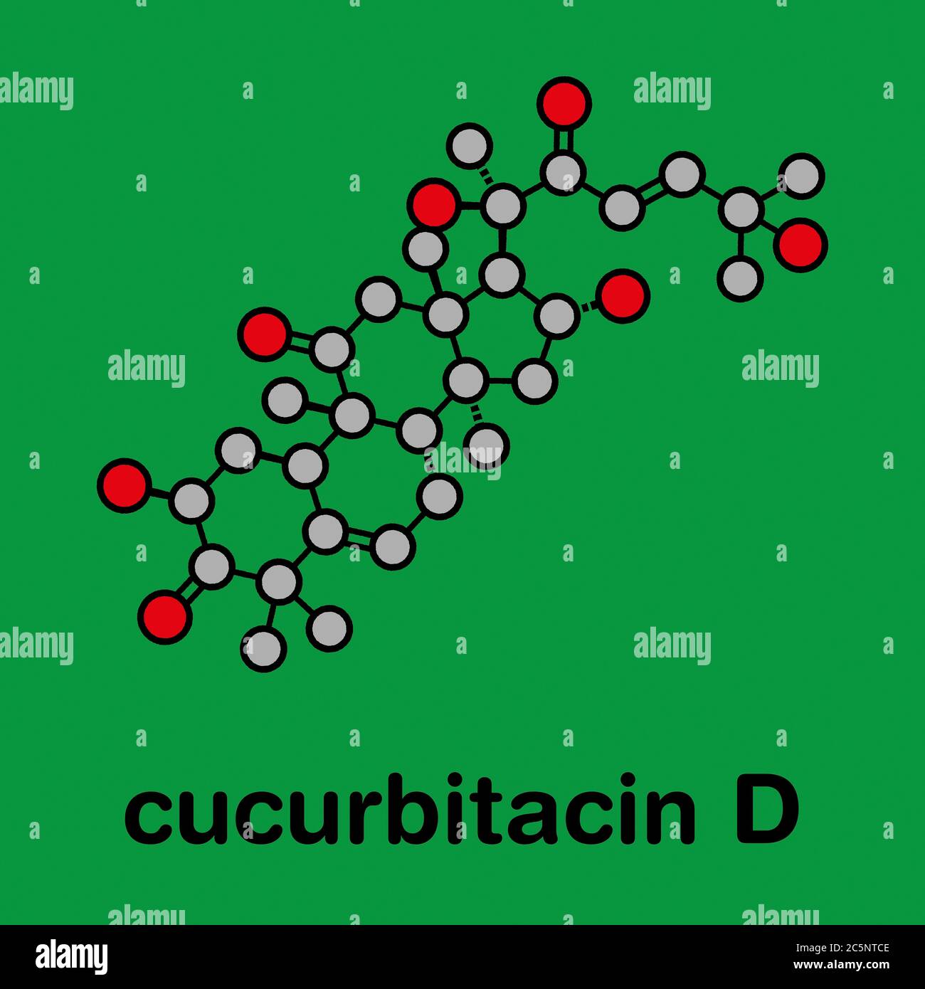 Cucurbitacin D bitter molecule. Stylized skeletal formula (chemical structure): Atoms are shown as color-coded circles: hydrogen (hidden), carbon (grey), oxygen (red). Stock Photo