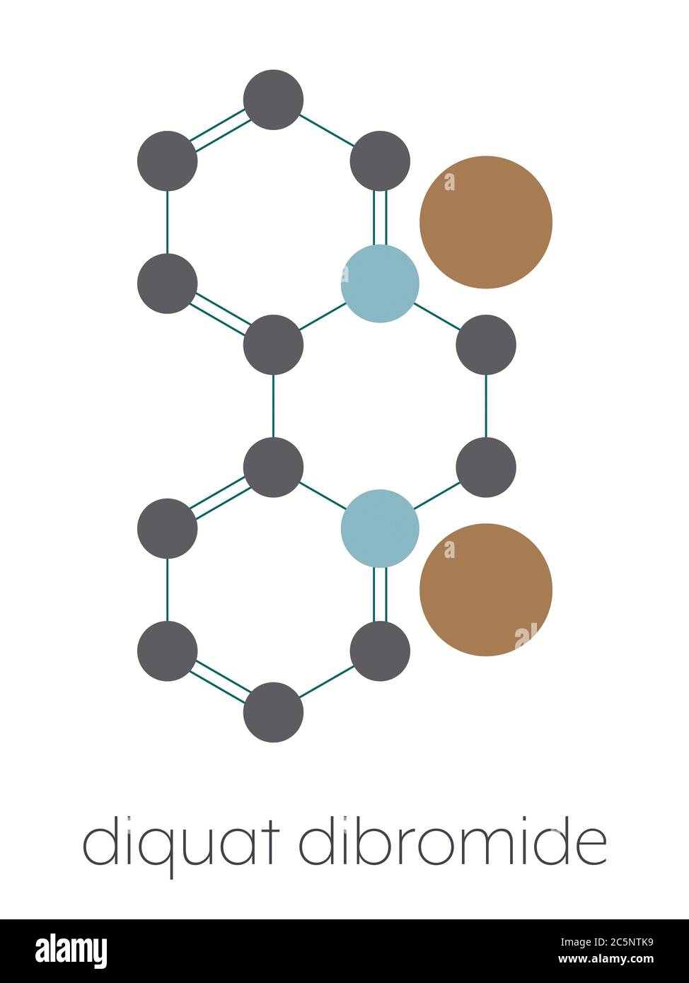 Diquat dibromide contact herbicide molecule. Stylized skeletal formula (chemical structure): Atoms are shown as color-coded circles: hydrogen (hidden), carbon (grey), nitrogen (blue), bromine (brown). Stock Photo