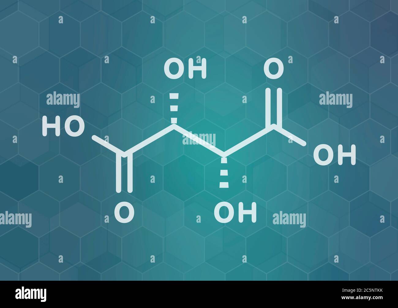 Tartaric acid (dextrotartaric acid) molecule. Acid present in wine, added as oxidant additive E334 to food. Skeletal formula. Stock Photo