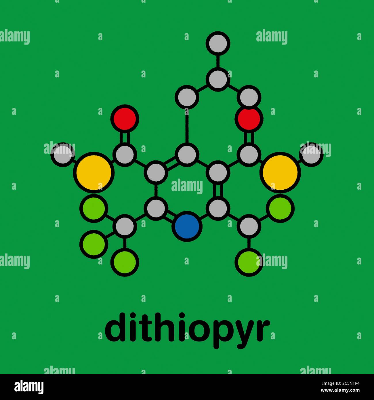 Dithiopyr preemergent herbicide molecule. Stylized skeletal formula (chemical structure): Atoms are shown as color-coded circles: hydrogen (hidden), carbon (grey), oxygen (red), nitrogen (blue), sulfur (yellow), fluorine (cyan). Stock Photo
