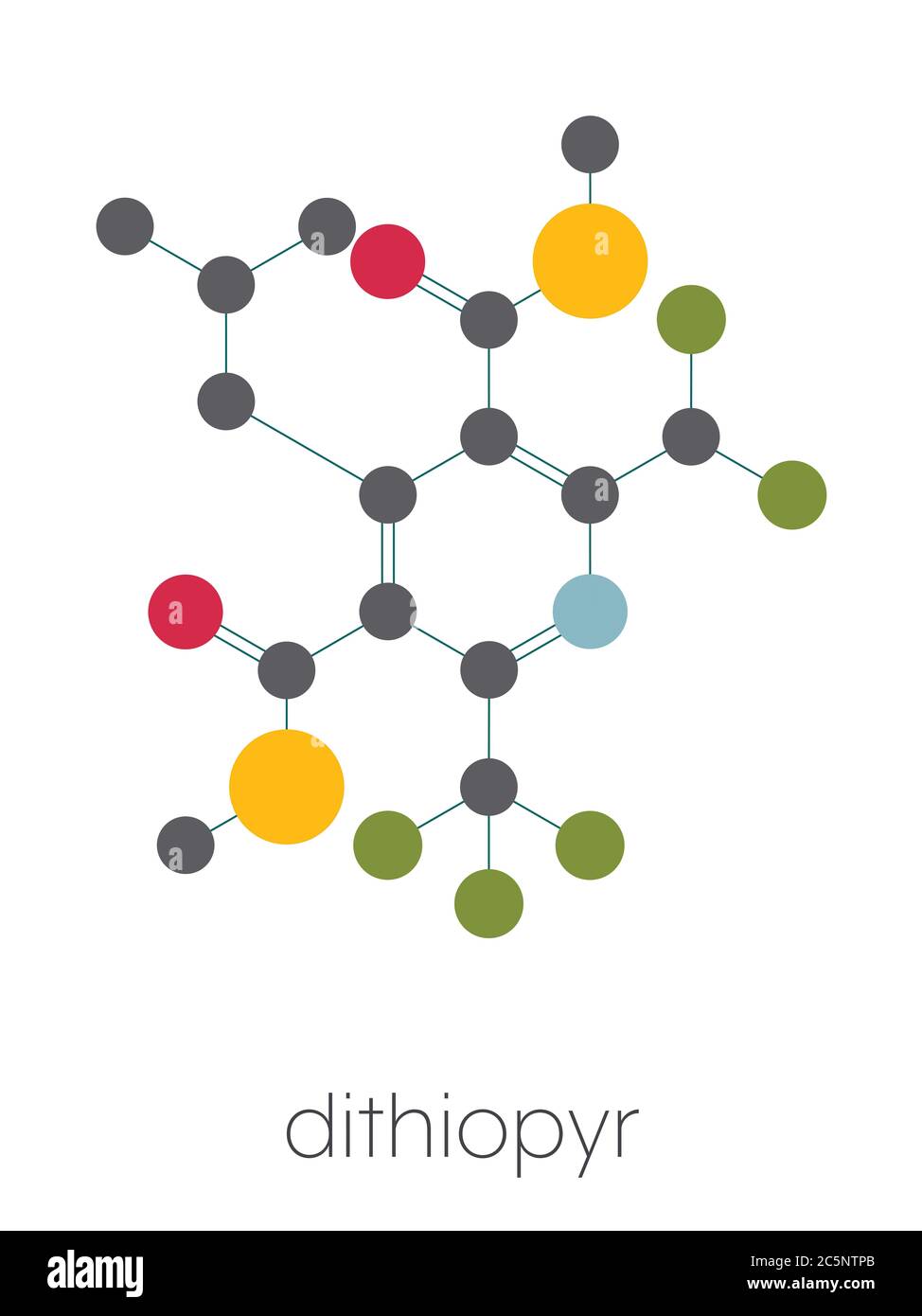 Dithiopyr preemergent herbicide molecule. Stylized skeletal formula (chemical structure): Atoms are shown as color-coded circles: hydrogen (hidden), carbon (grey), oxygen (red), nitrogen (blue), sulfur (yellow), fluorine (cyan). Stock Photo