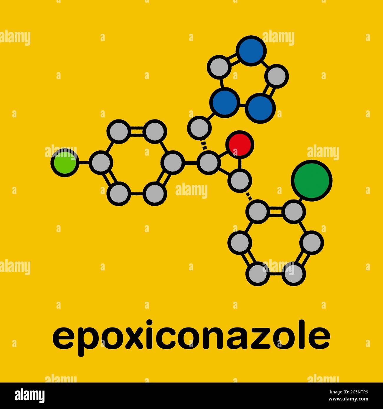 Epoxiconazole pesticide molecule. Stylized skeletal formula (chemical structure): Atoms are shown as color-coded circles: hydrogen (hidden), carbon (grey), oxygen (red), nitrogen (blue), chlorine (green), fluorine (cyan). Stock Photo