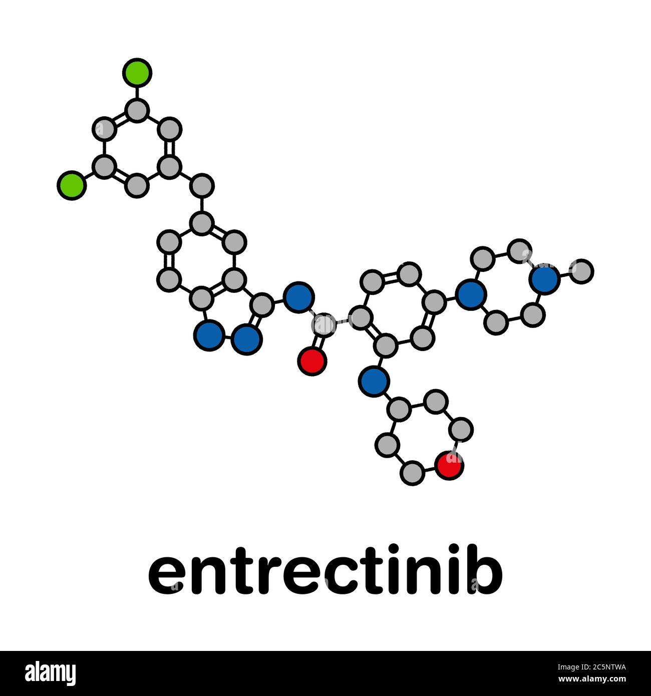Entrectinib cancer drug molecule. Stylized skeletal formula (chemical structure): Atoms are shown as color-coded circles: hydrogen (hidden), carbon (grey), nitrogen (blue), oxygen (red), fluorine (cyan). Stock Photo