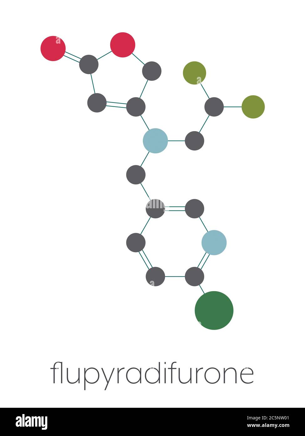 Flupyradifurone neonicotinoid insecticide molecule. Stylized skeletal formula (chemical structure): Atoms are shown as color-coded circles: hydrogen (hidden), carbon (grey), oxygen (red), nitrogen (blue), chlorine (green), fluorine (cyan). Stock Photo