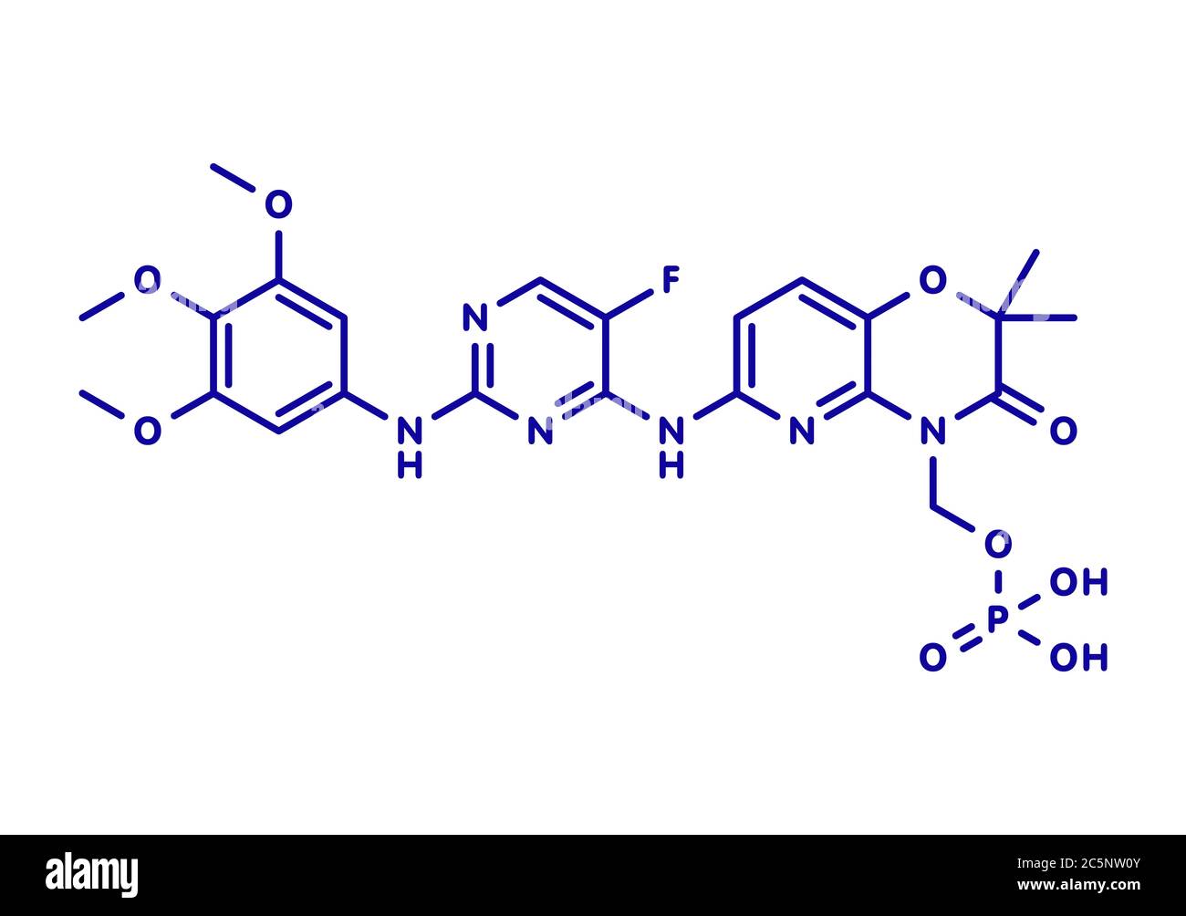 Fostamatinib rheumatoid arthritis drug molecule (Syk inhibitor). Skeletal formula. Stock Photo