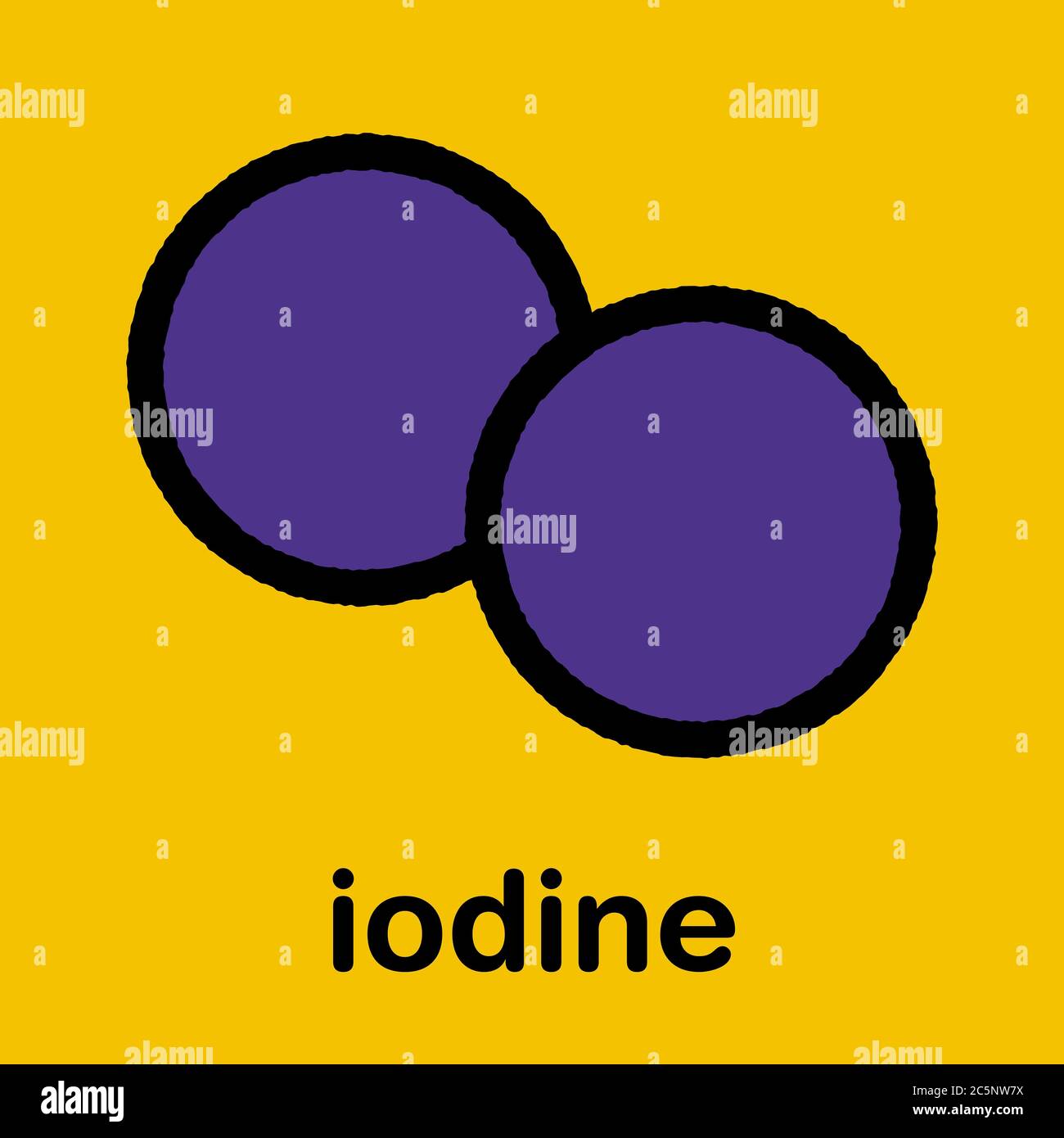 Iodine (I2) molecule. Solutions of elemental iodine are used as disinfectants. Stylized skeletal formula (chemical structure): Atoms are shown as color-coded circles: iodine (purple). Stock Photo