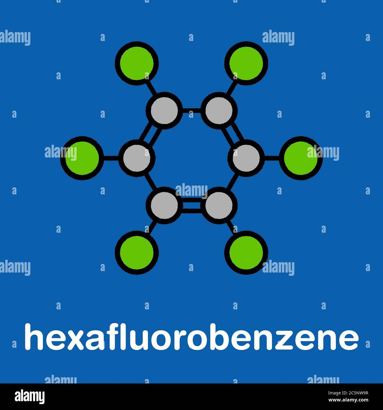 Hexafluorobenzene molecule. Stylized skeletal formula (chemical structure): Atoms are shown as color-coded circles: hydrogen (hidden), carbon (grey), fluorine (cyan). Stock Photo