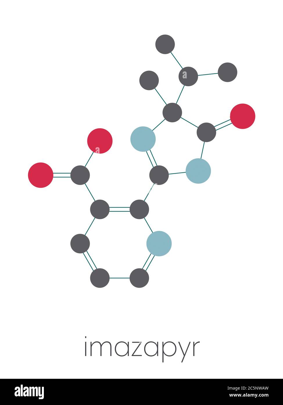Imazapyr herbicide molecule. Stylized skeletal formula (chemical structure): Atoms are shown as color-coded circles: hydrogen (hidden), carbon (grey), nitrogen (blue), oxygen (red). Stock Photo