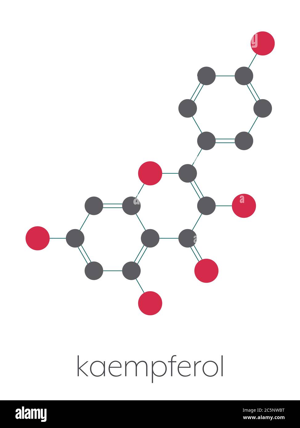 Kaempferol antioxidant molecule. Stylized skeletal formula (chemical structure): Atoms are shown as color-coded circles: hydrogen (hidden), carbon (grey), oxygen (red). Stock Photo