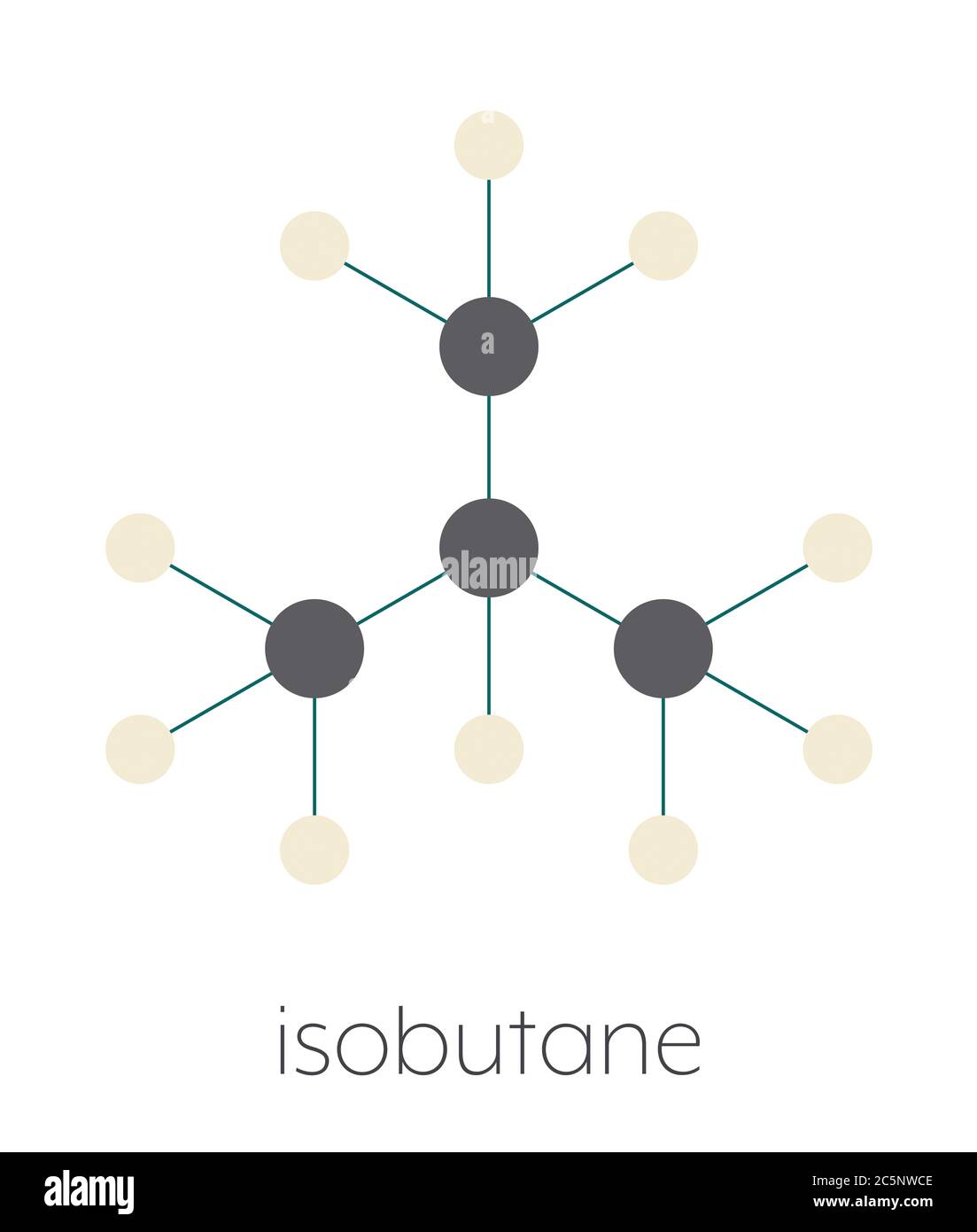 Isobutane (i-butane, methylpropane) alkane molecule. Used as refrigerant (in freezers and refrigerators) and as propellant (in aerosol sprays). Stylized skeletal formula (chemical structure): Atoms are shown as color-coded circles: hydrogen (beige), carbon (grey). Stock Photo