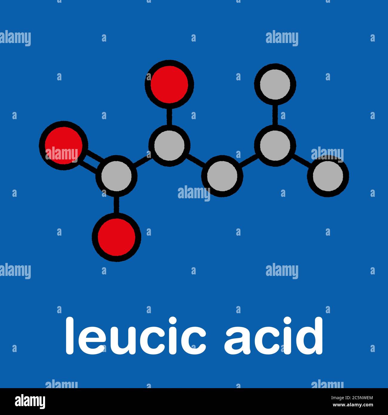 Leucic acid or HICA molecule. Stylized skeletal formula (chemical structure): Atoms are shown as color-coded circles: hydrogen (hidden), carbon (grey), oxygen (red). Stock Photo