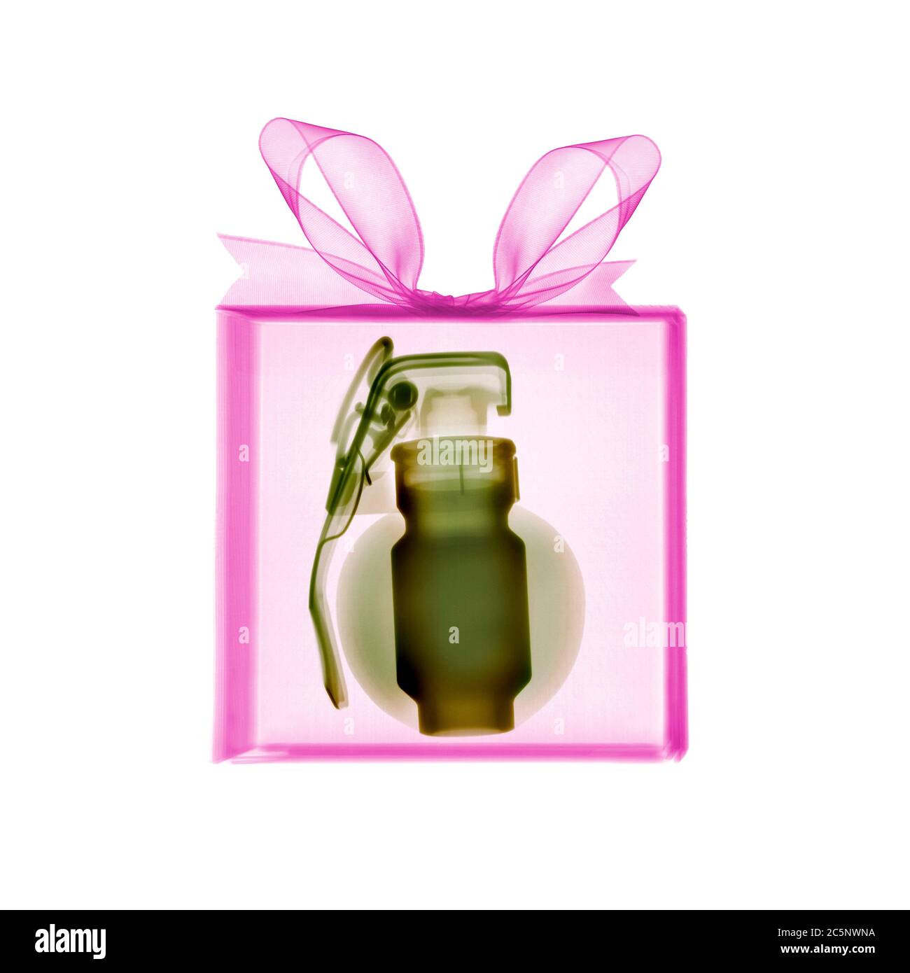 Gift wrapped present containing grenade, coloured X-ray. Stock Photo
