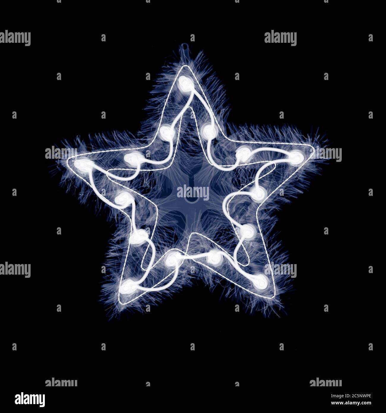 Festive decoration star with lights and tinsel, coloured X-ray. Stock Photo