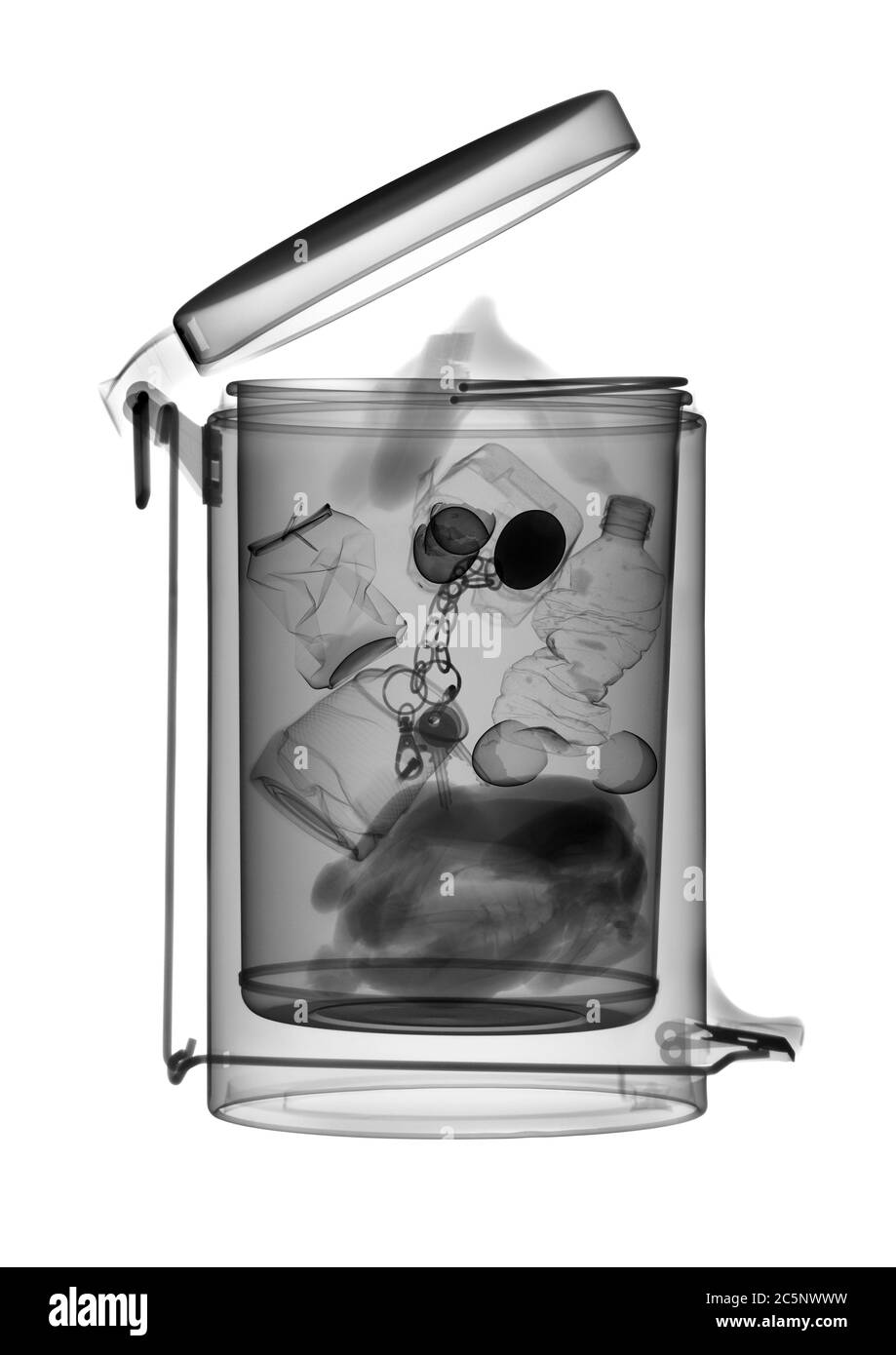 Rubbish bin and contents, X-ray. Stock Photo