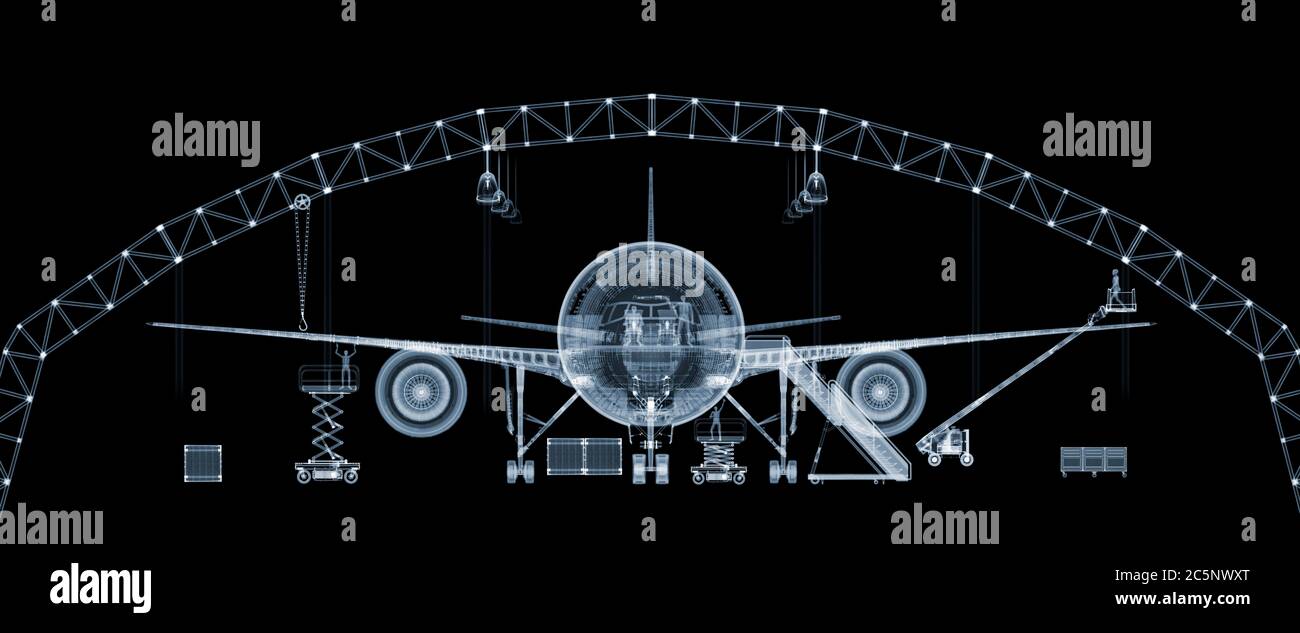 Plane in hanger, X-ray. Stock Photo