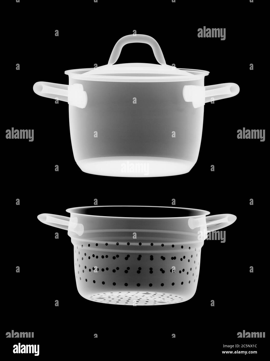 Saucepan and strainer, X-ray. Stock Photo