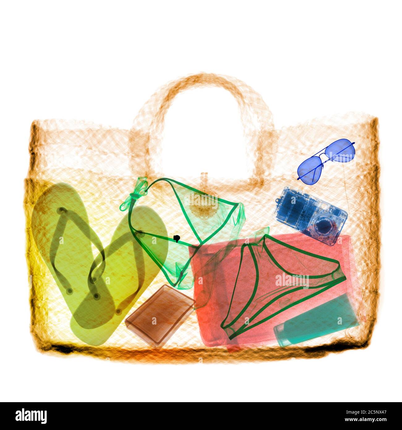Straw bag with items, coloured X-ray. Stock Photo