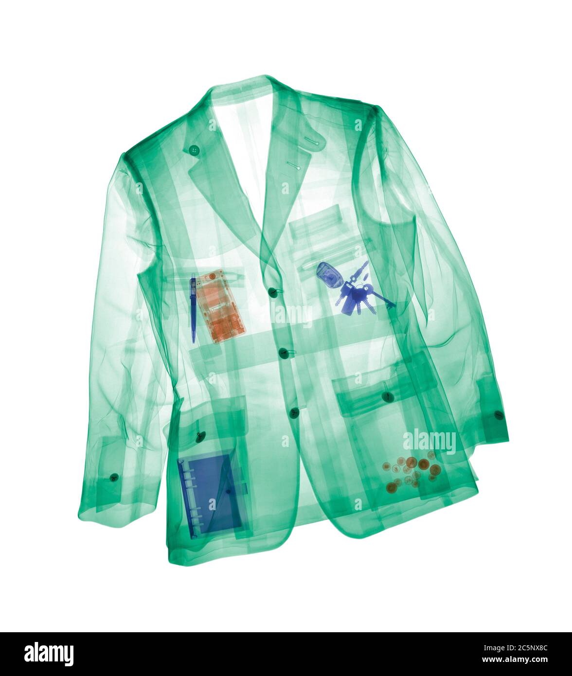 Man's jacket with accessories, coloured X-ray. Stock Photo