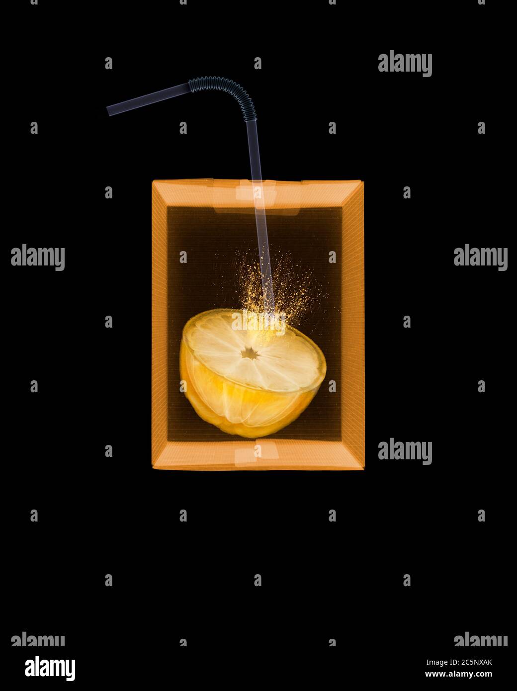 Lemon and straw in carton, coloured X-ray. Stock Photo