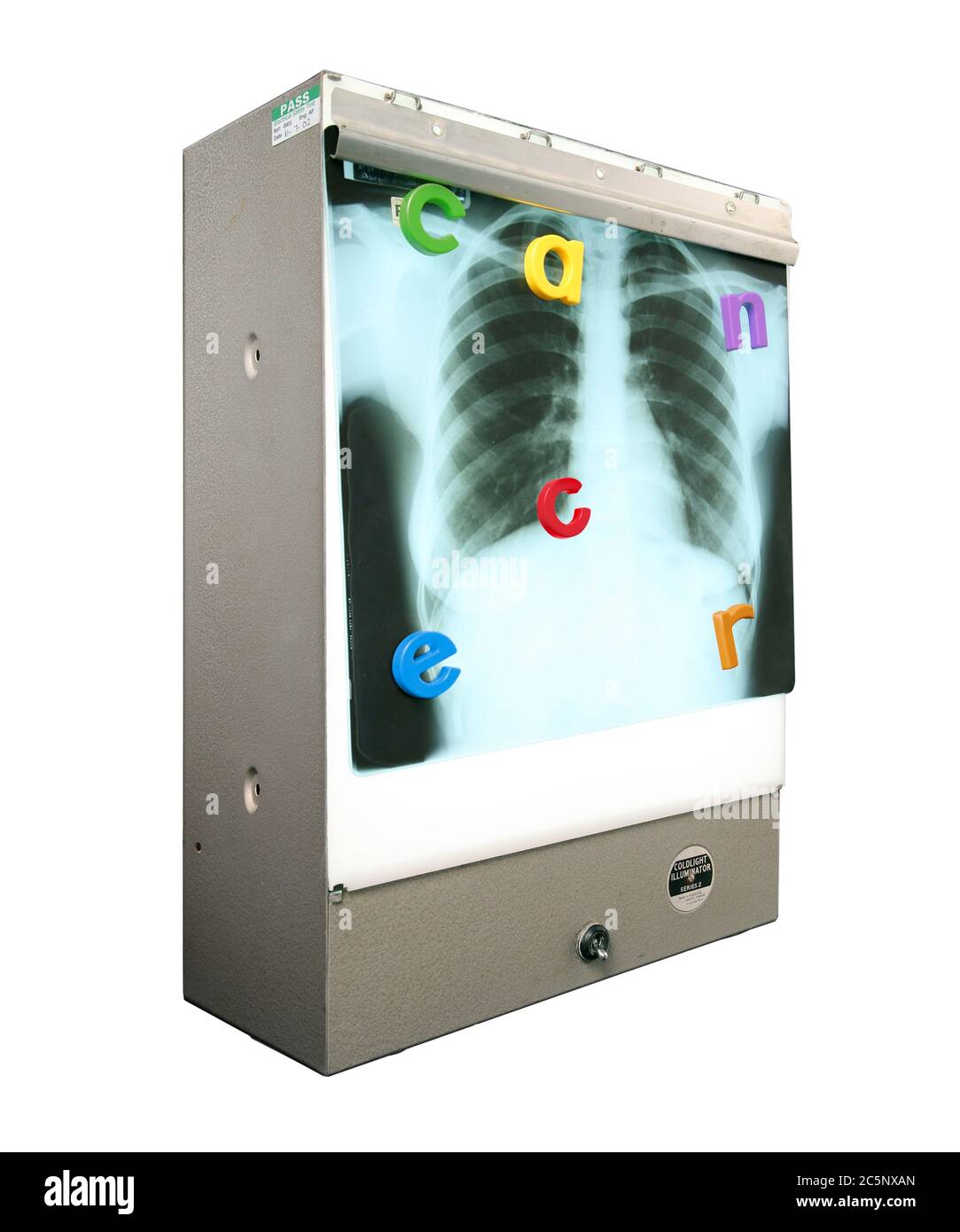 Alphabet letters on x-ray screen, coloured X-ray. Stock Photo