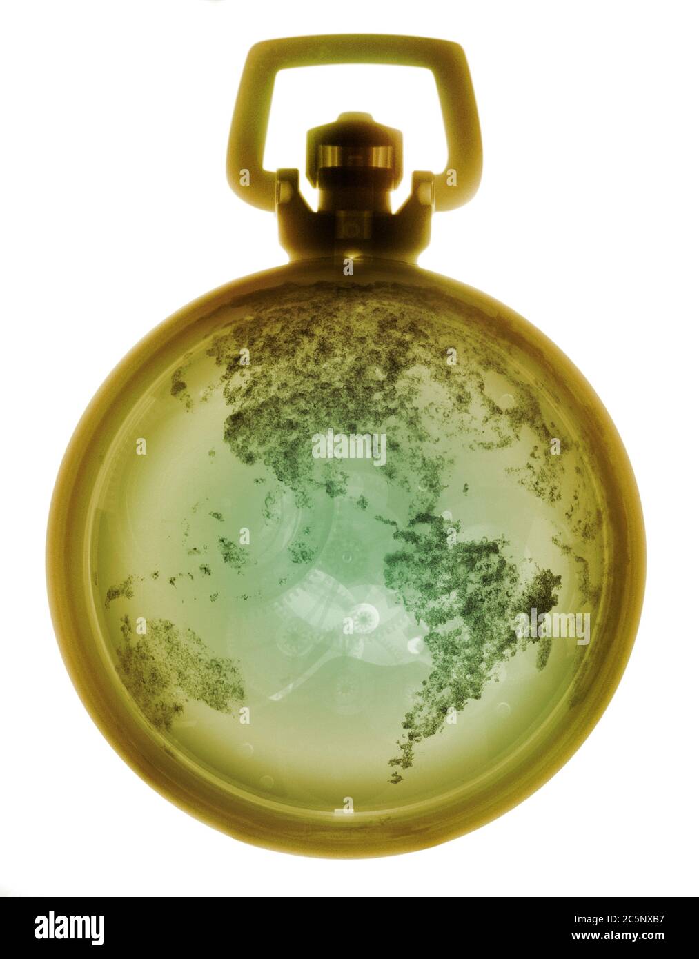 Stopwatch with globe, coloured X-ray. Stock Photo