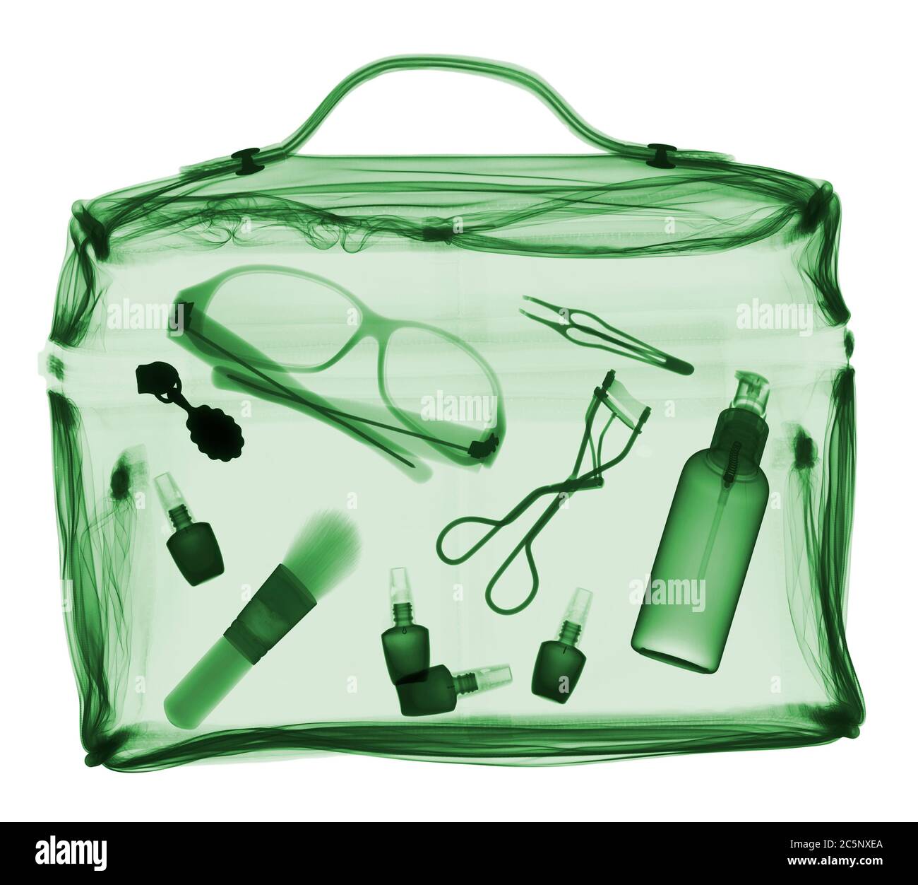 Various personal accessories in bag, coloured X-ray. Stock Photo