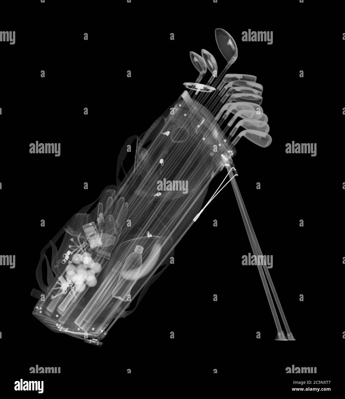 Golf clubs in bag, X-ray. Stock Photo