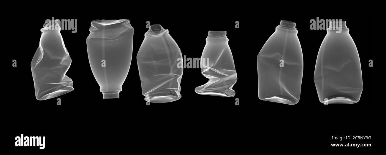 Crushed plastic drinks bottles, X-ray. Stock Photo