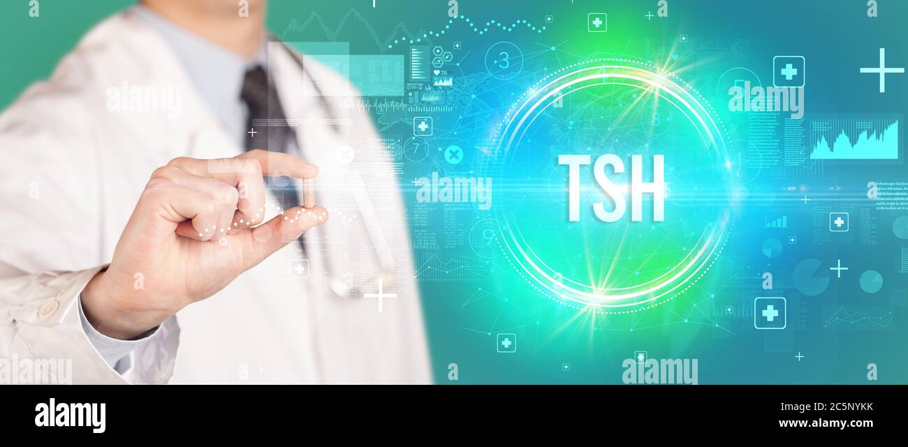Close-up of a doctor giving you a pill with TSH abbreviation, virology