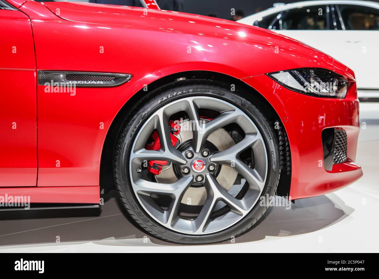 NEW YORK, NY - APRIL 1, 2015:  Jaguar XE front wheel detail at the 2015 New York International Auto Show during Press day. Stock Photo