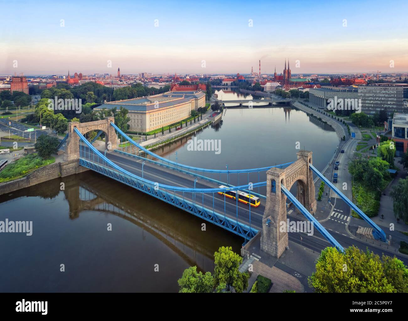 Aerial view of Grunwald Bridge (Most Grunwaldzki) over Oder river in Wroclaw, Poland Stock Photo