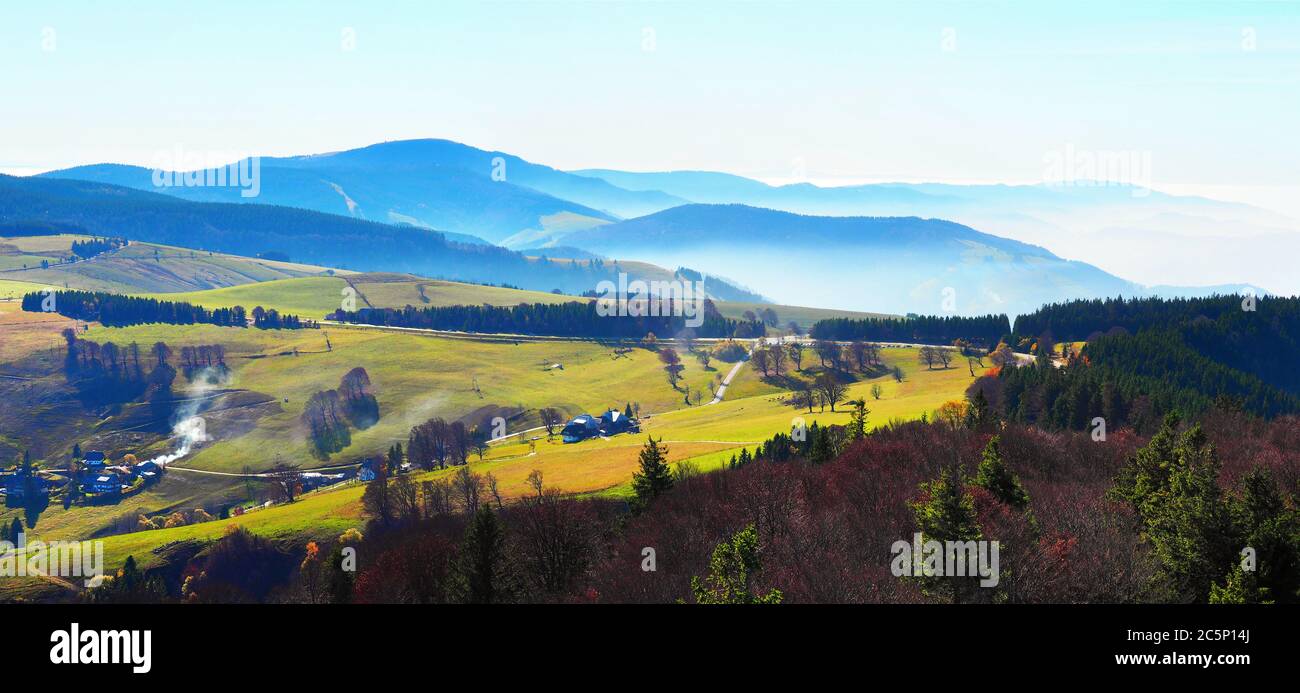 Black Forest Panorama - Foggy Valley - Schwarzwald Panorama Stock Photo
